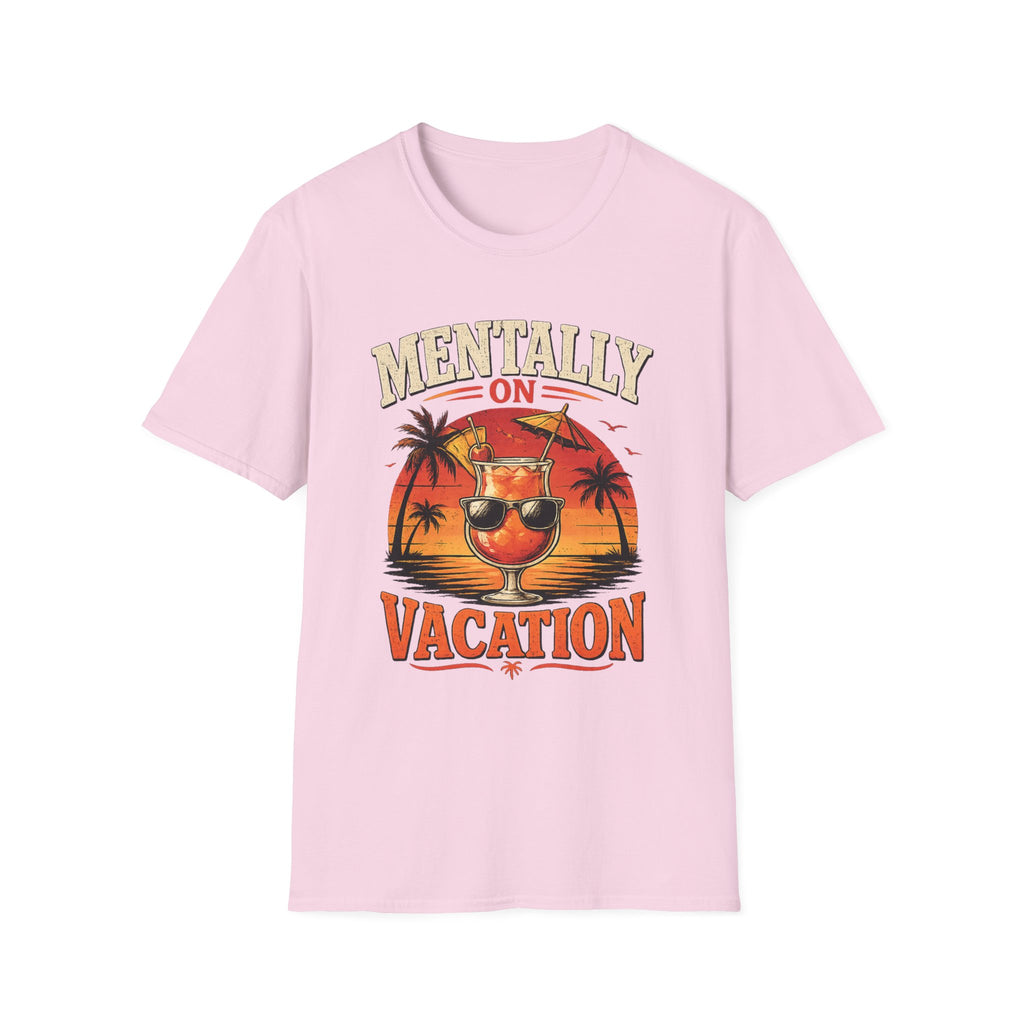 Mentally On Vacation T-Shirt — Tropical Palm Sunset Drink Graphic Tee