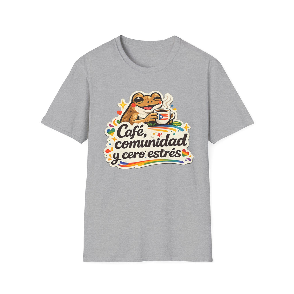 “Café, comunidad y cero estrés” Frog Coffee T-Shirt