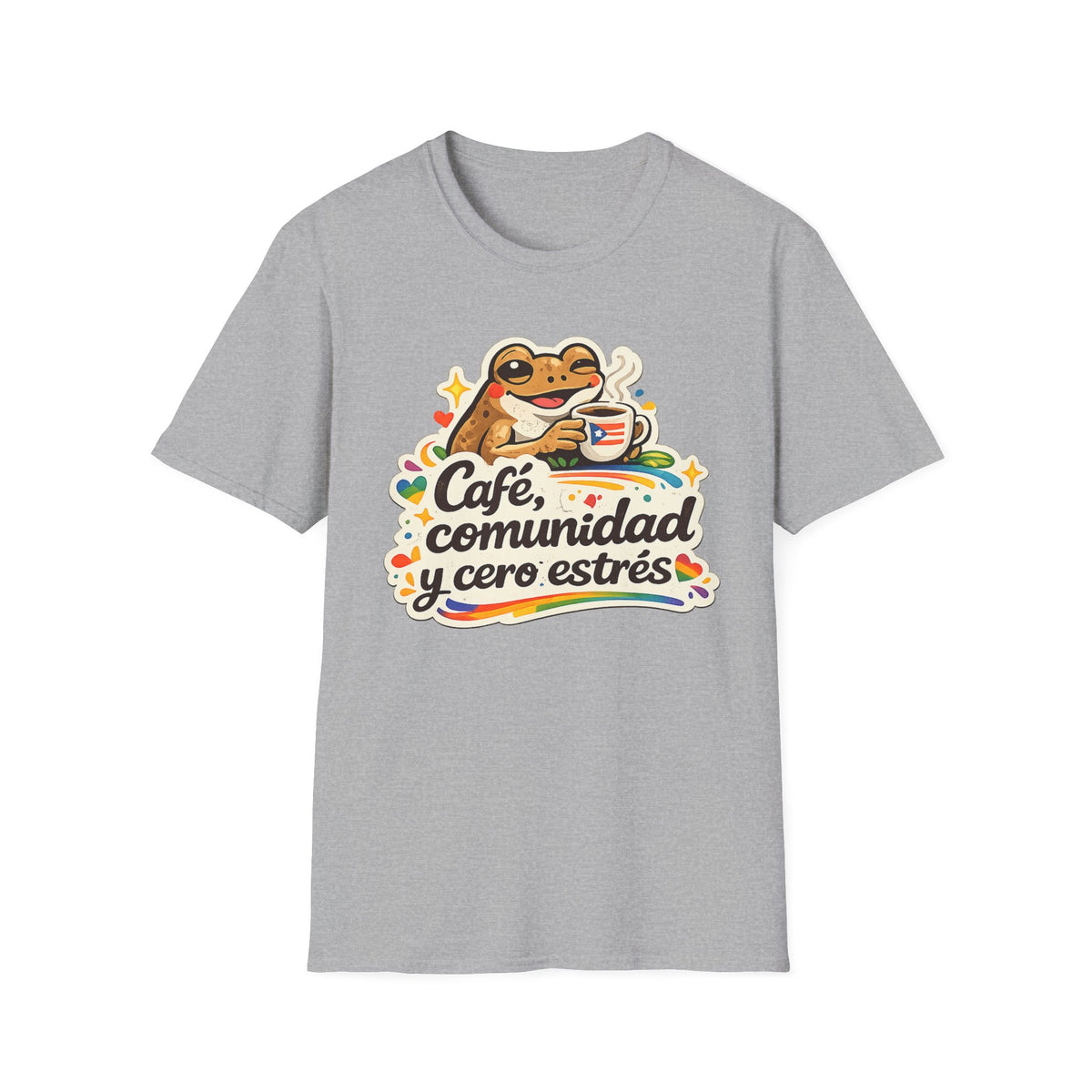 “Café, comunidad y cero estrés” Frog Coffee T-Shirt