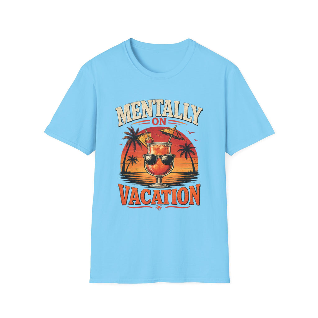 Mentally On Vacation T-Shirt — Tropical Palm Sunset Drink Graphic Tee