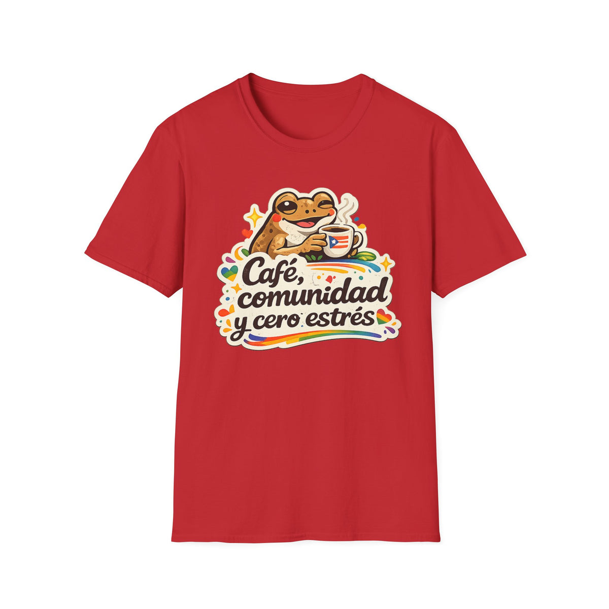 “Café, comunidad y cero estrés” Frog Coffee T-Shirt