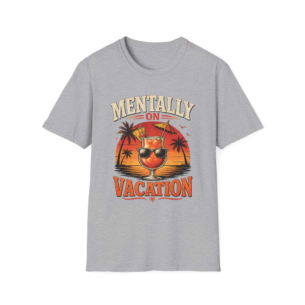 Mentally On Vacation T-Shirt — Tropical Palm Sunset Drink Graphic Tee