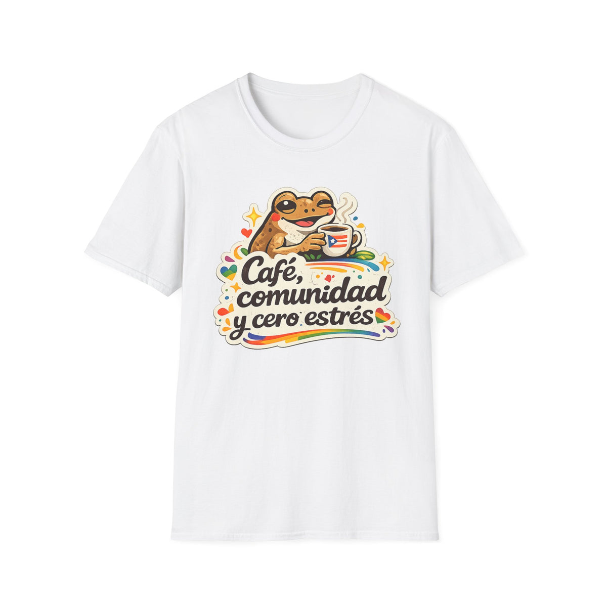 “Café, comunidad y cero estrés” Frog Coffee T-Shirt