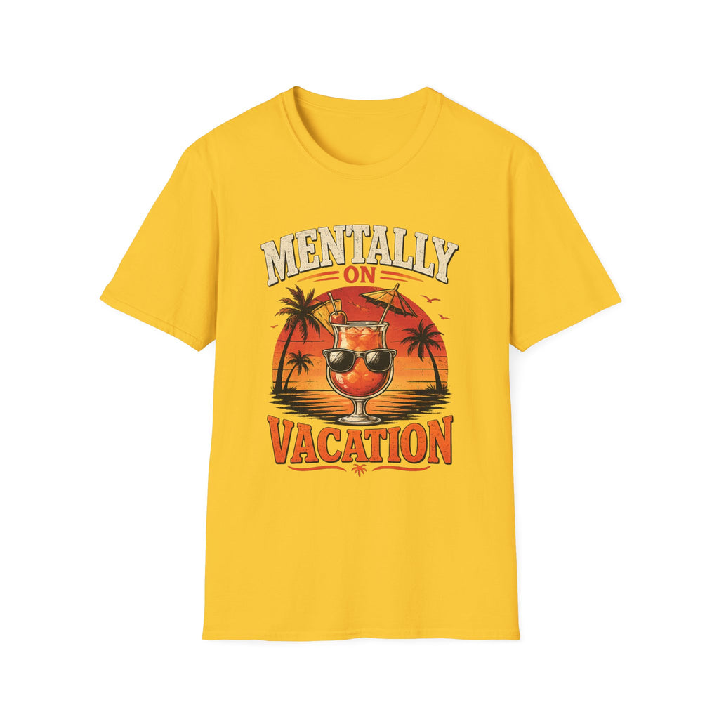 Mentally On Vacation T-Shirt — Tropical Palm Sunset Drink Graphic Tee