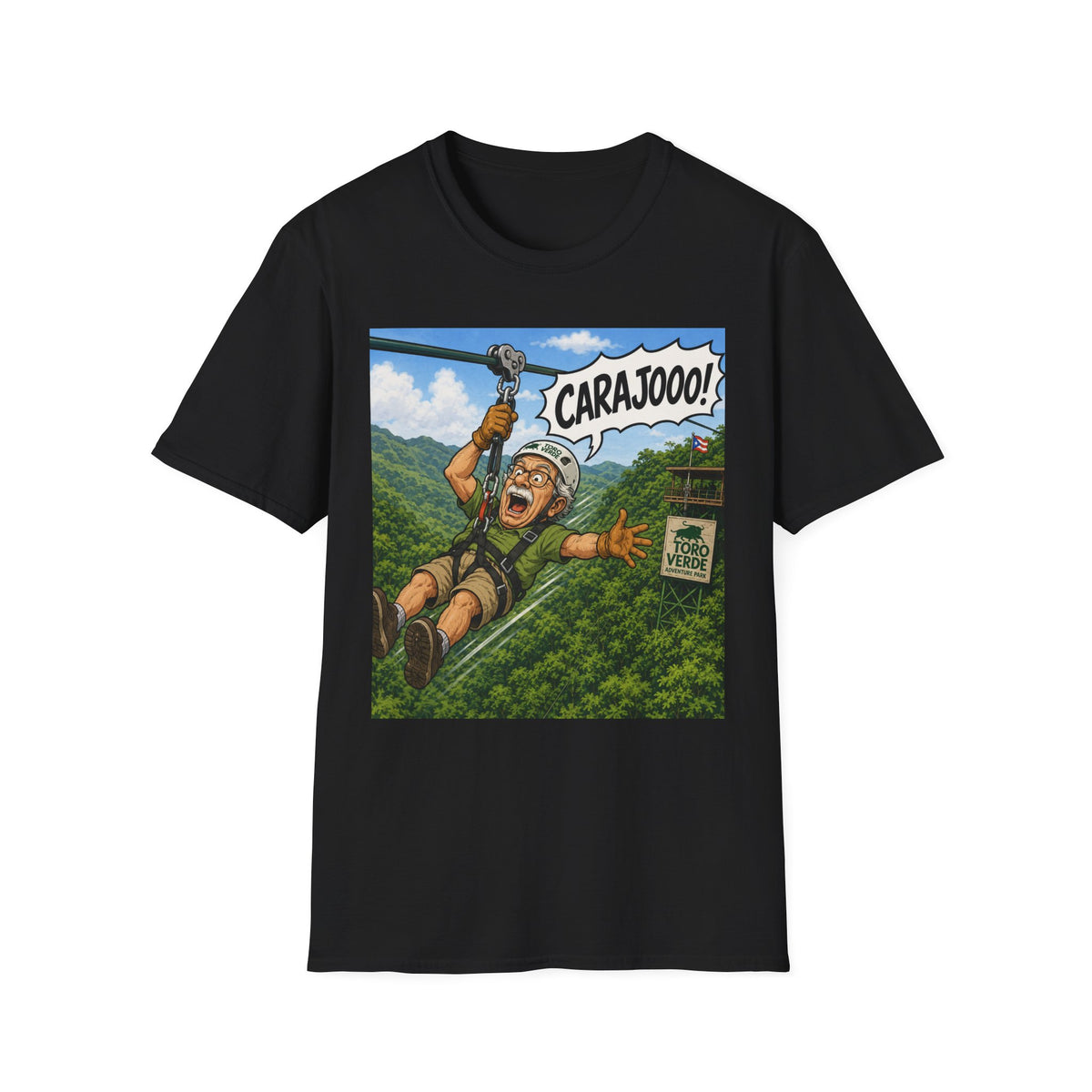 Zipline Adventure T‑Shirt — 'CARAJOOO!' Funny Ziplining Graphic Tee