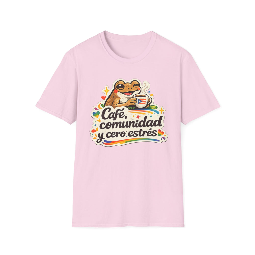 “Café, comunidad y cero estrés” Frog Coffee T-Shirt