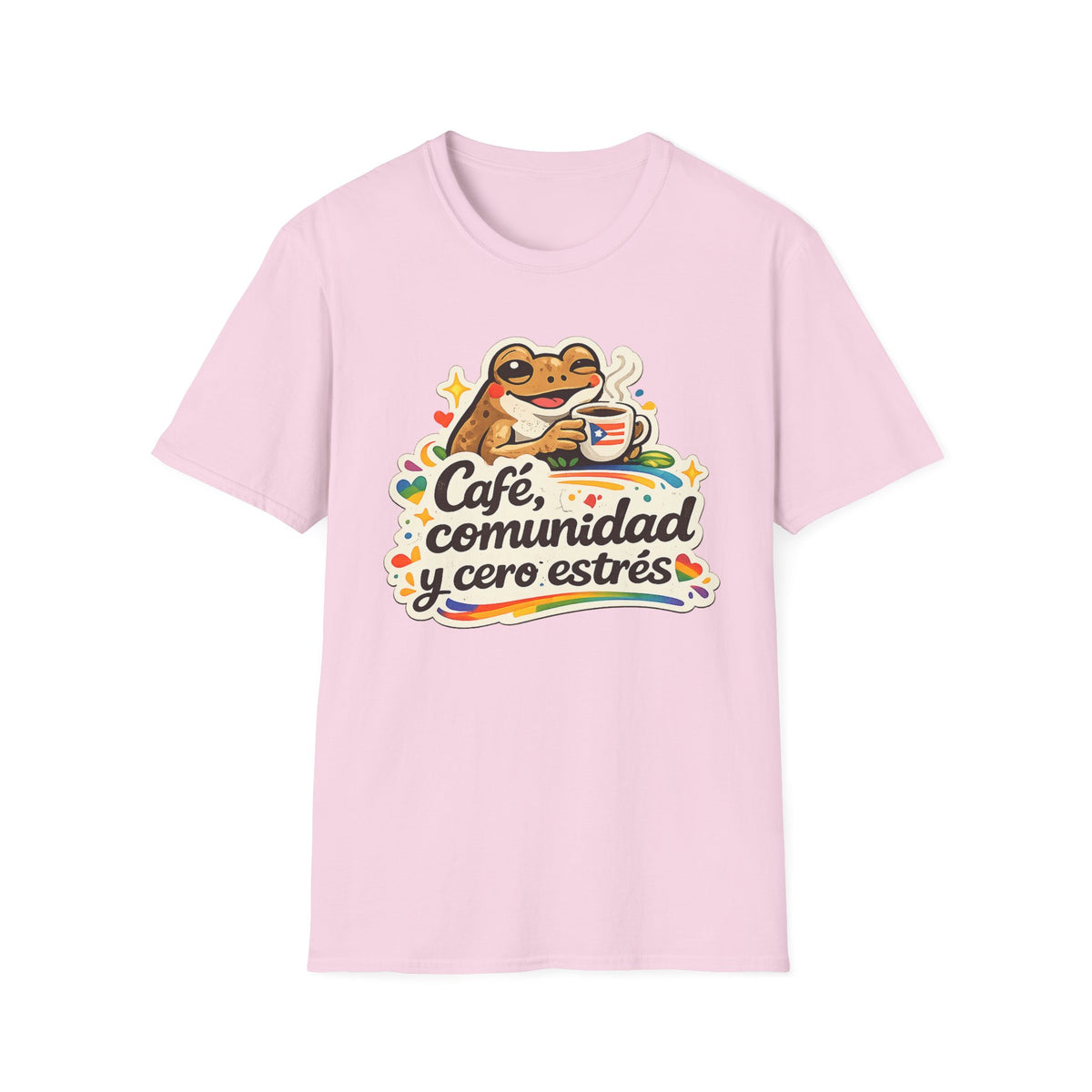 “Café, comunidad y cero estrés” Frog Coffee T-Shirt