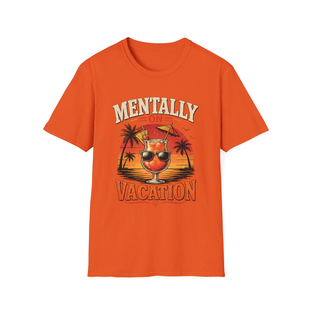 Mentally On Vacation T-Shirt — Tropical Palm Sunset Drink Graphic Tee