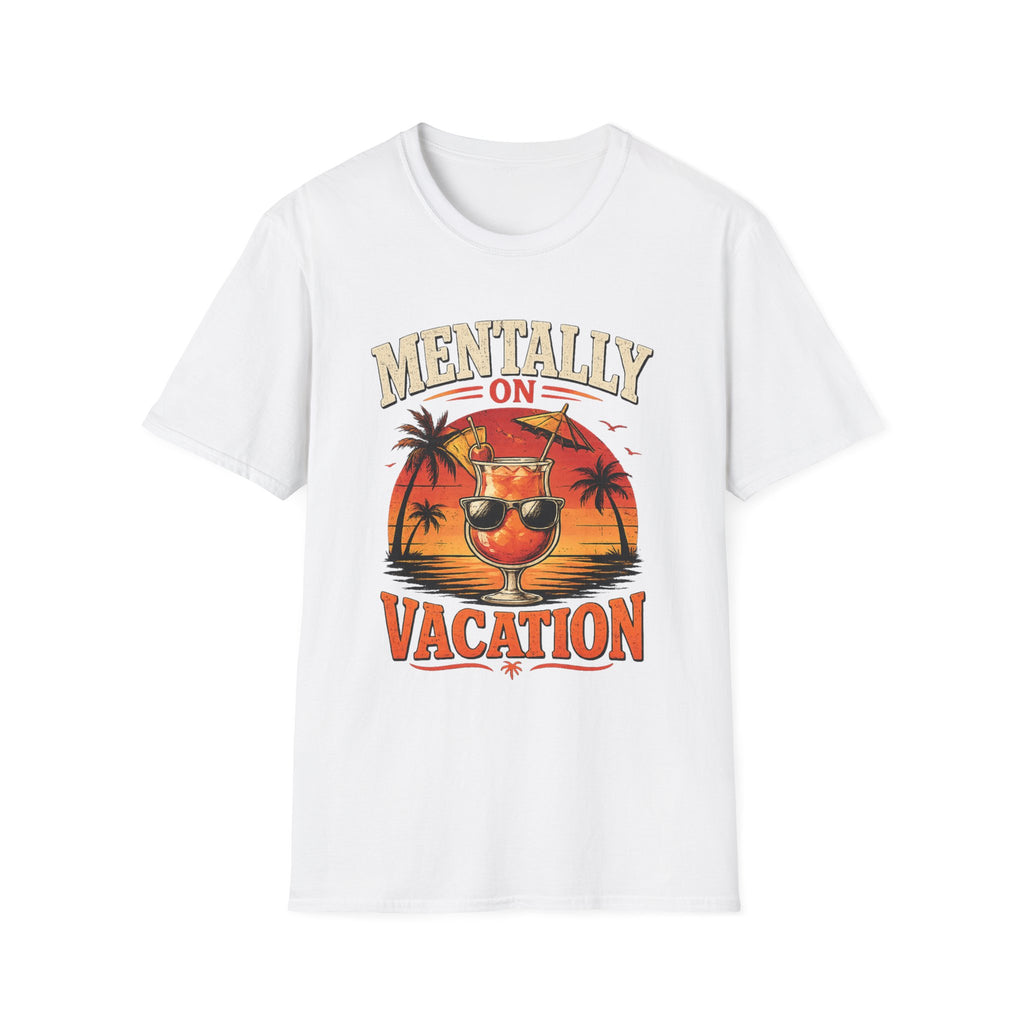 Mentally On Vacation T-Shirt — Tropical Palm Sunset Drink Graphic Tee