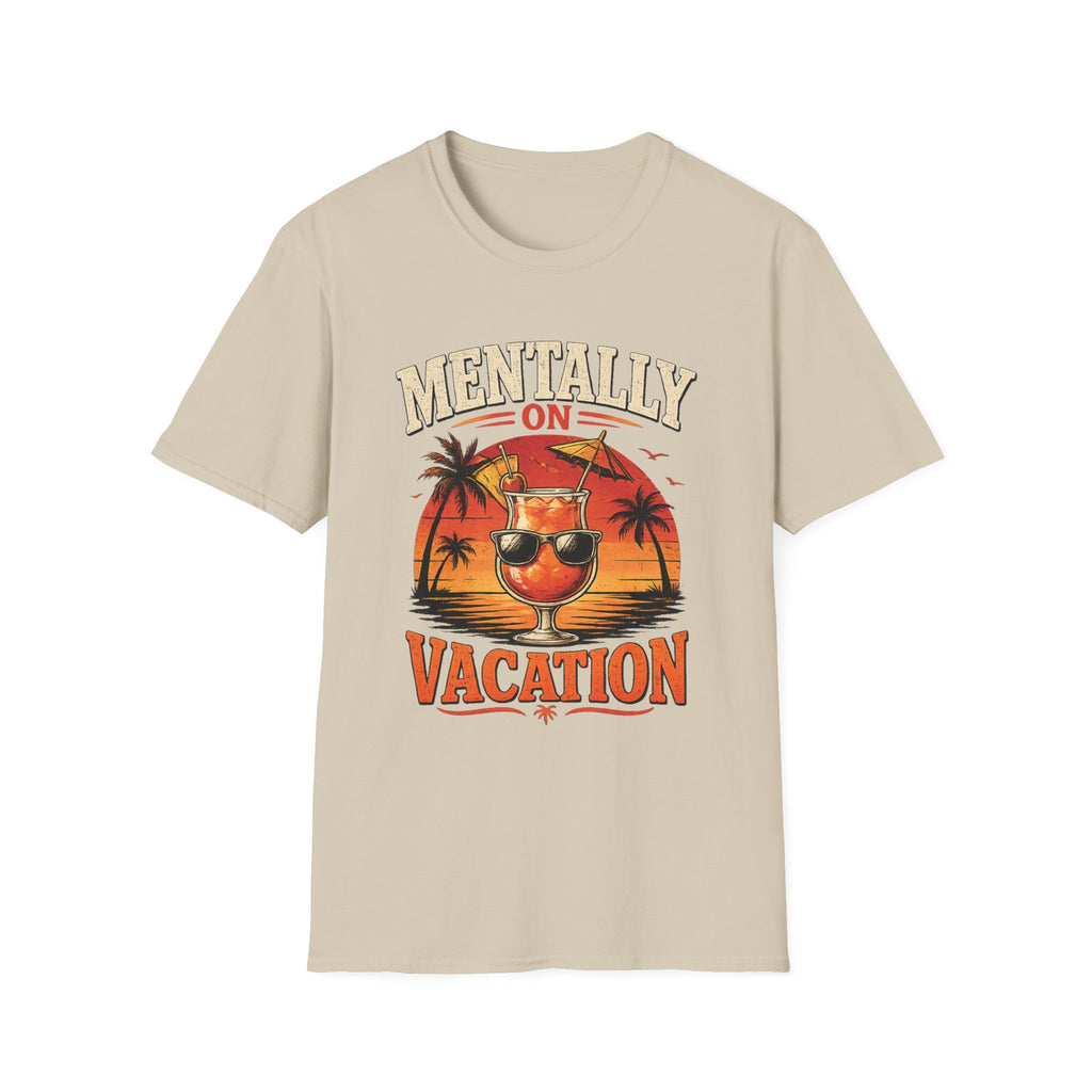Mentally On Vacation T-Shirt — Tropical Palm Sunset Drink Graphic Tee